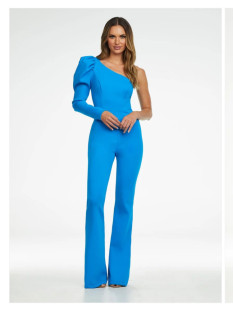 Ashley Lauren Blue One Shoulder Puff Long Sleeve Jumpsuit