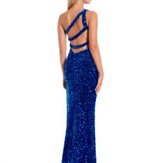  Blue Sequin & Velvet Asymmetrical Gown