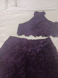 Two Piece Purple Lace Skirt and Top with Rhinestone Embellishments